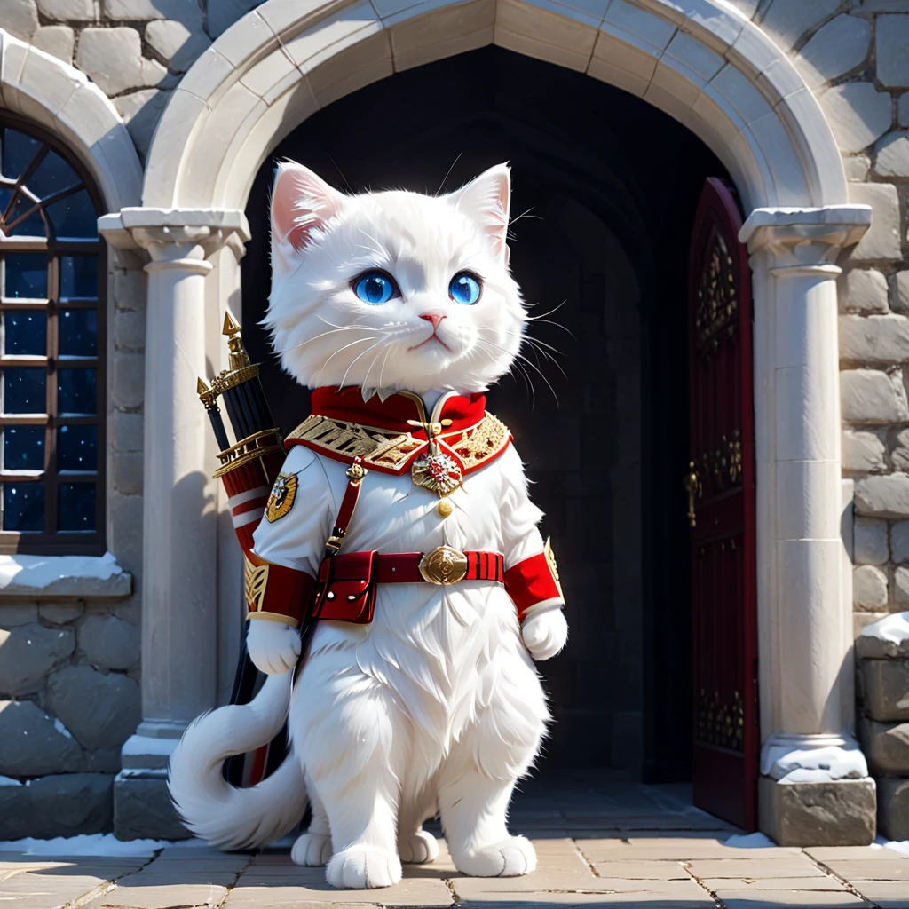 C4tt4stic, anthropomorphic blue-eyed white furry kitten, surrounded by countless light particles, each shining brightly, A ceremonial guard in a red uniform and a black bearskin hat stands in front of a historic building. The guard is positioned inside a small guardhouse structure with a curved top. The building has stone walls and a window in the background. The guard is standing straight with a rifle held over his shoulder, demonstrating a formal and disciplined posture. The scene resembles the Changing of the Guard ceremony at Buckingham Palace in London.