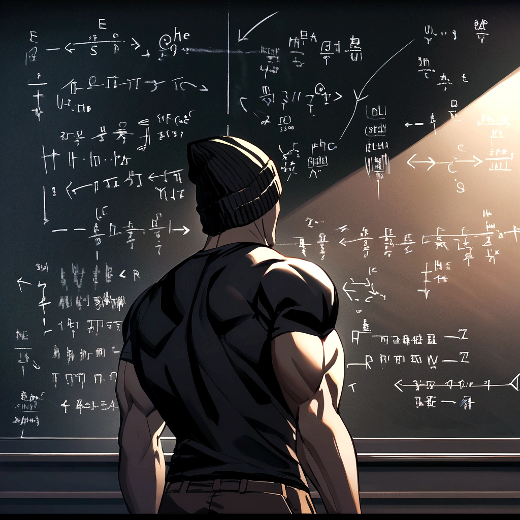 muscular guy with a black beanie hat and you can see his medium brown hair, He is standing in a threatening and epic way in front of a blackboard with very complicated equations.