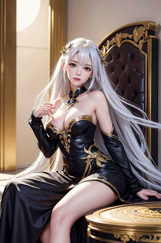 ((masterpiece:1.5,Highest quality,Highly detailed images,Beautiful images、Realistic、Photorealistic、2.5D))(1girl, 独奏)(medium breasts, white hair, black eyes, Healthy legs、Tight ass、Beautiful cleavage)(Fantasy dresses、Fantasy Costume: Battle Dress from Another World)(wind, floating hair)(Empire、Audience Chamber、Sitting on the throne)