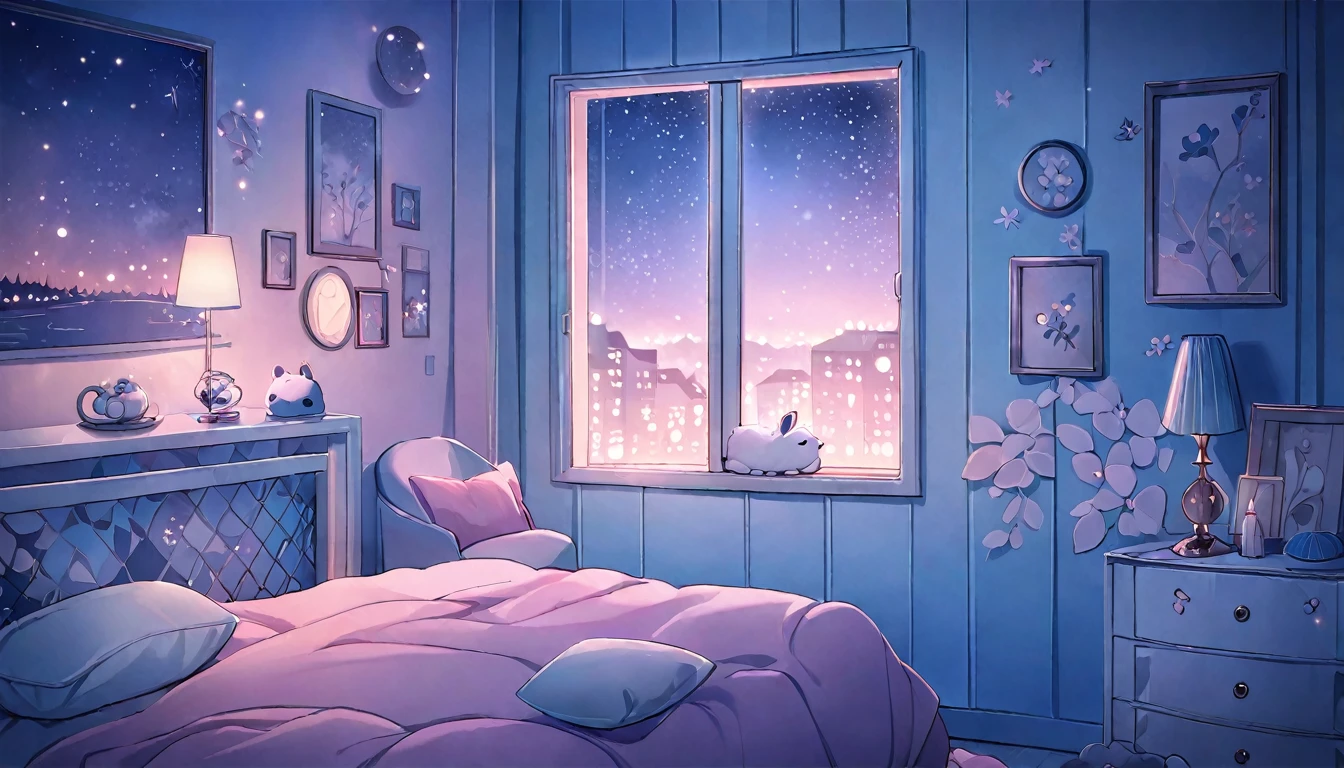 (((compliment))), cozy night, ,masterpiece,rushlight, soft colorful lighting, Nighttime, soft aesthetic, pastel pink+blue theme, Detailed modern interior, By the window, Styled by Anna Dittmann and Alena Aenami, dynamic angle (dreamy picture:1.2) (quiet and serene:1.3) (soft, muted colors:1.2) (soft 조명:1.2) (silent Night:1.1)