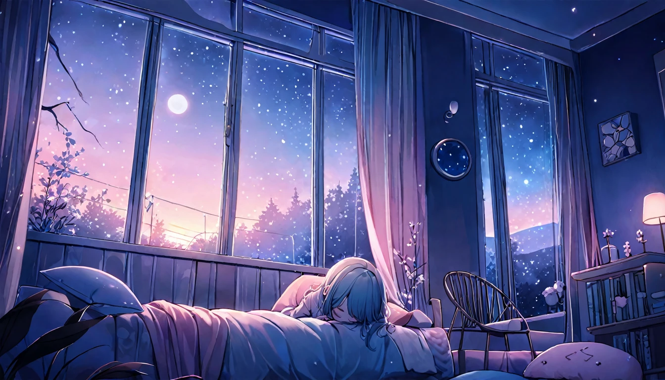 (((compliment))), cozy night, ,masterpiece,rushlight, soft colorful lighting, Nighttime, soft aesthetic, pastel pink+blue theme, Detailed modern interior, By the window, Styled by Anna Dittmann and Alena Aenami, dynamic angle (dreamy picture:1.2) (quiet and serene:1.3) (soft, muted colors:1.2) (soft 조명:1.2) (silent Night:1.1)