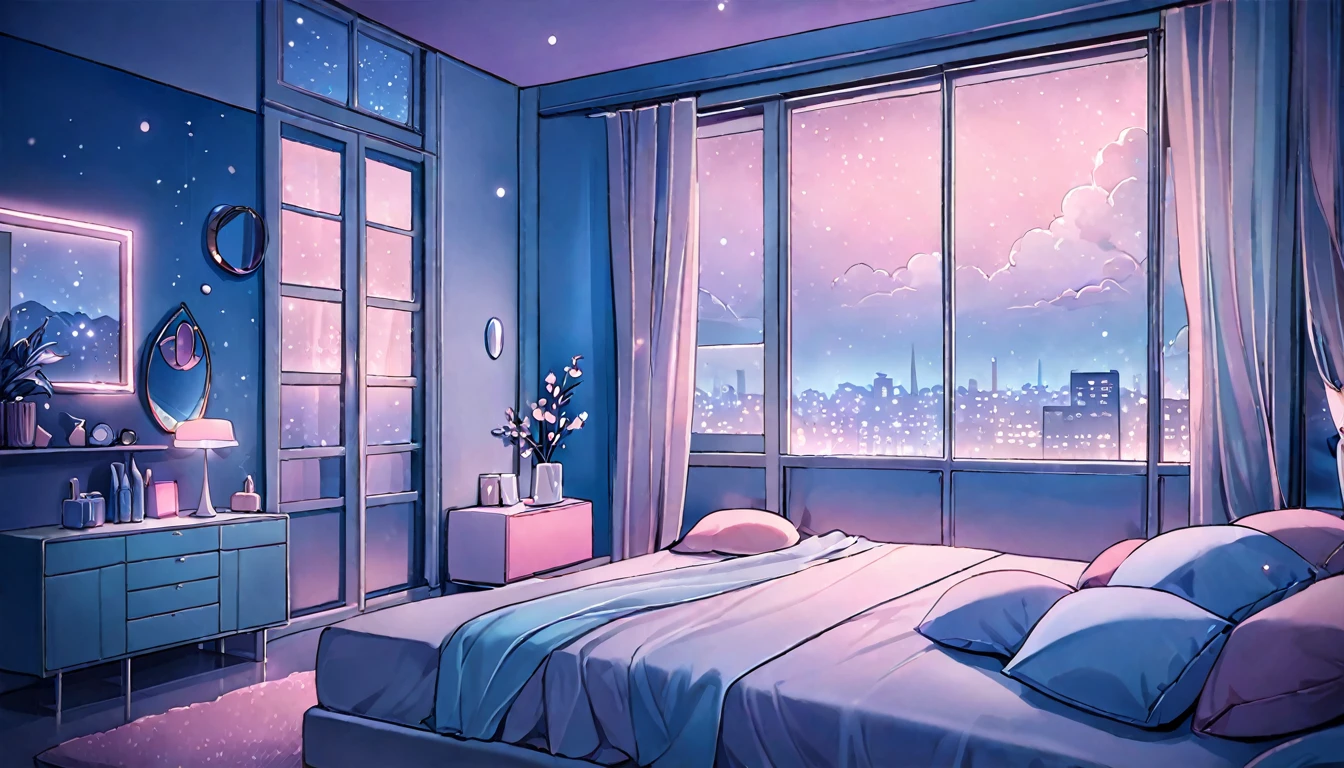 (((compliment))), cozy night, ,masterpiece,rushlight, soft colorful lighting, Nighttime, soft aesthetic, pastel pink+blue theme, Detailed modern interior, By the window, Styled by Anna Dittmann and Alena Aenami, dynamic angle (dreamy picture:1.2) (quiet and serene:1.3) (soft, muted colors:1.2) (soft 조명:1.2) (silent Night:1.1)