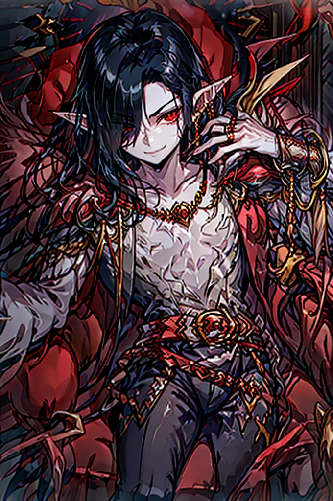 pointy ears, golden jewelry, adult, belt with golden jewels, earrings, red ring on finger, golden chains attached to your wrist, cape with feathers, vampire, red cape, pale skin, red eyes, villain, man, male, hair over one eye, black hair