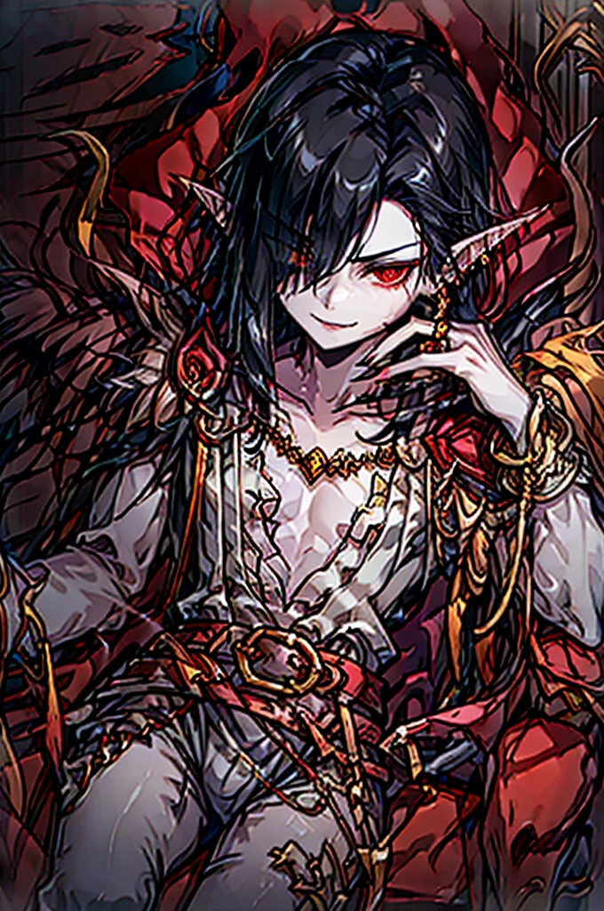 pointy ears, golden jewelry, adult, belt with golden jewels, earrings, red ring on finger, golden chains attached to your wrist, cape with feathers, vampire, red cape, pale skin, red eyes, villain, man, male, hair over one eye, black hair