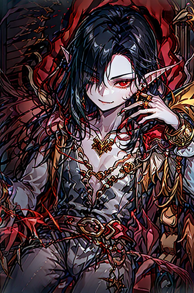 pointy ears, golden jewelry, adult, belt with golden jewels, earrings, red ring on finger, golden chains attached to your wrist, cape with feathers, vampire, red cape, pale skin, red eyes, villain, man, male, hair over one eye, black hair