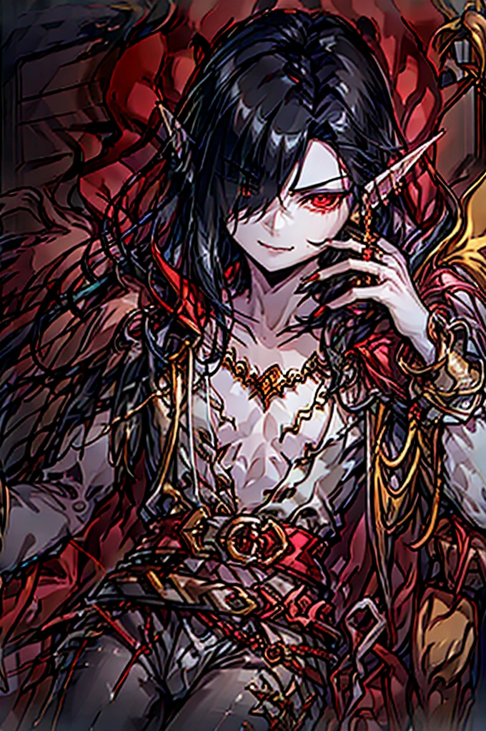 pointy ears, golden jewelry, adult, belt with golden jewels, earrings, red ring on finger, golden chains attached to your wrist, cape with feathers, vampire, red cape, pale skin, red eyes, villain, man, male, hair over one eye, black hair