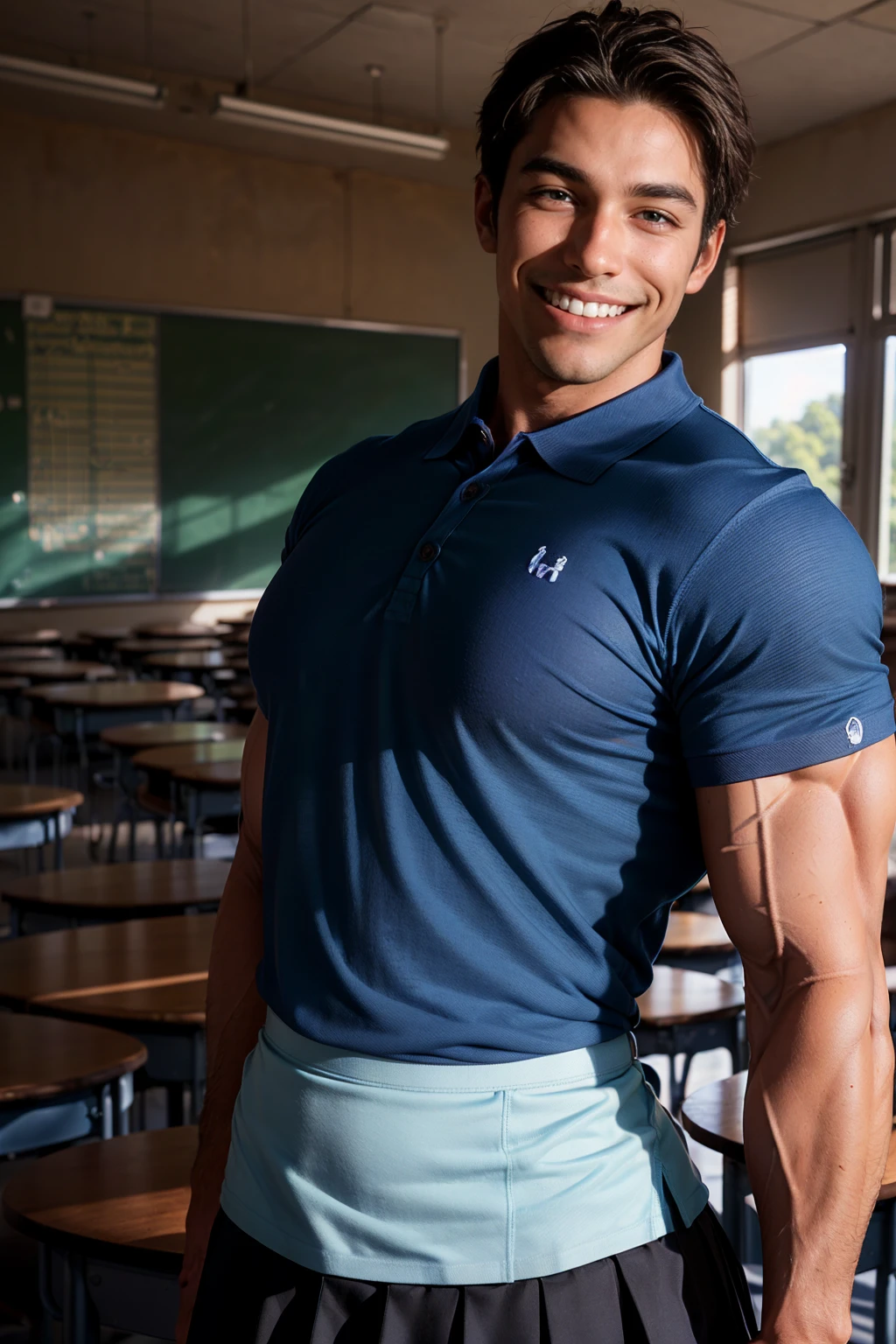(Muscular:2), (thick thighs:1), (large muscular chest and shoulders:1.5), FEMALE, brown hair, long brown hair, (big smile:1.6), (wearing a tight blue short sleeve Polo shirt and skirt:1.5), looking at viewer, (three quarter view:1.2), upper body view, (school classroom:1.5), dark lighting, detailed skin, detailed eyes, (dark skin:1.3), (huge round muscles:1.8),