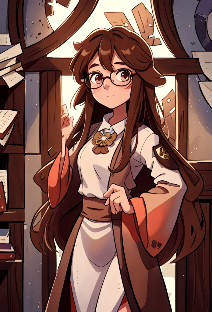 Mia Baker, a 1 girl with long brown hair and glasses, holding her books close to her chest. She stands near the gate, shyly looking around as the other students pass by.