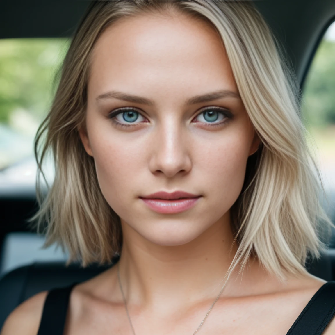 (, front view: 1.4), (Full body: 1.4), RAW UHD portrait photo of a 24-year-old blonde (blue-eyed woman) in a car, hole body, (Decollete), particularities (Textures!, balck hair!, shine, colour!, nattaeile: 1.1), Bright eyes with lots of details (looking at the camera), SLR lighting, SLR camera, Ultra quality, Sharpness, depth of field, Fujifilm XT3, crystal clear, pretty face, keen focus, (dimly lit), natta, (daytime), Detailed skin pores, Oily skin, sunburn, intricate eye details, Full body, large