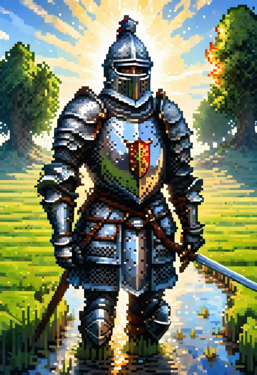 Fish-eye lens, portrait photo of a medieval knight, with black armor, in a green field, puddles, blue sky, sunshine on armor, pixel art