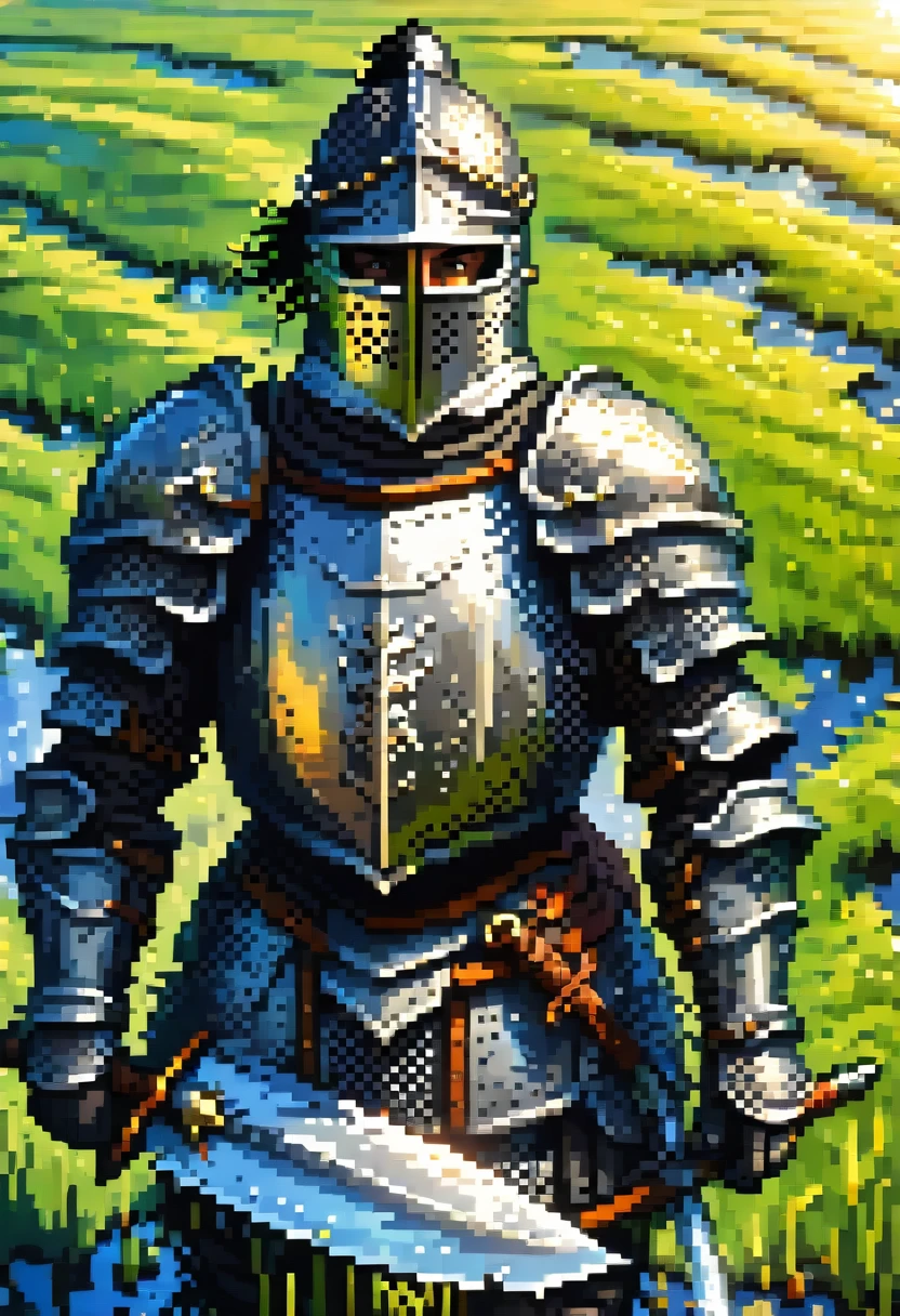 Fish-eye lens, portrait photo of a medieval knight, with black armor, in a green field, puddles, blue sky, sunshine on armor, pixel art