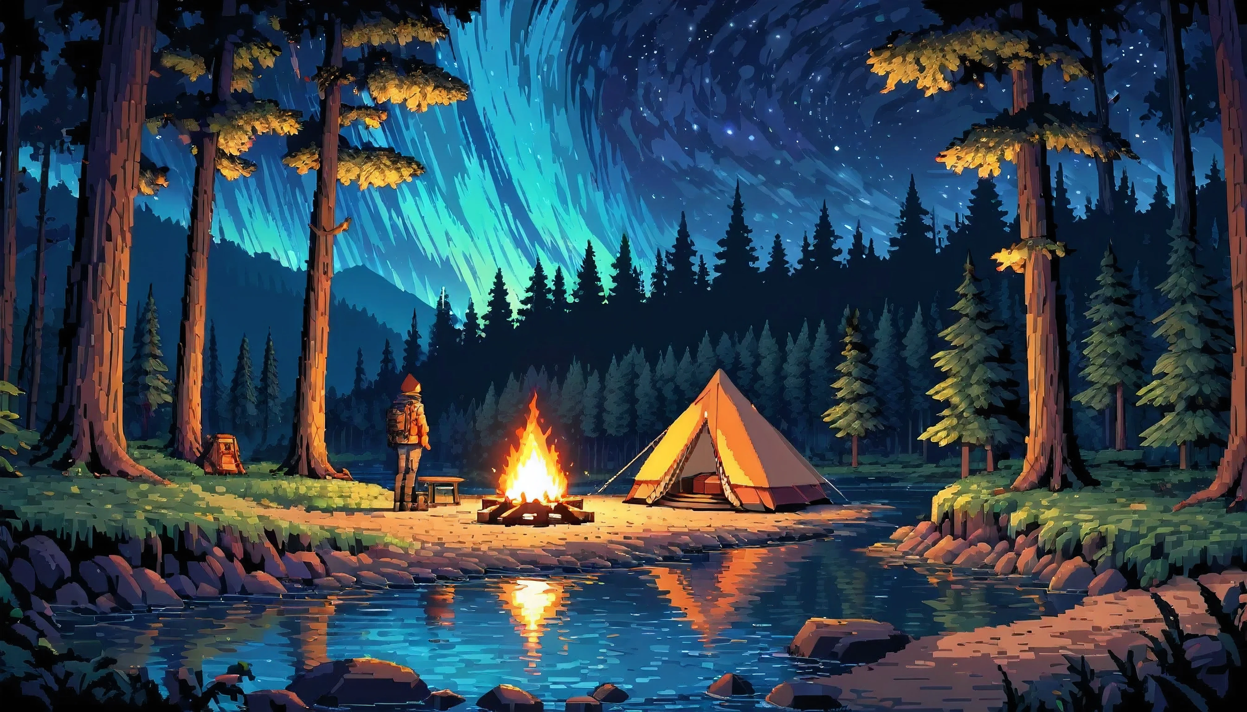 a lonely figure setting up a tent near a flowing river, campfire glowing in the darkness, star-filled night sky above the dense forest, intricate pixelart style, HDR, 8k, high quality, detailed interior of the tent, relaxing color palette