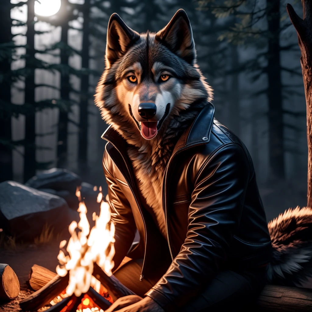 Sitting in front of campfire on log, Male, 30 years old, happy, mouth open with tongue hanging out, black leather jacket, anthro, wolf ears, (black fur:1.5), wolf, forest background, 8k, hi res, (best quality, masterpiece), (wolf tail:1.5), detailed fur, solo, looking at camera, night,