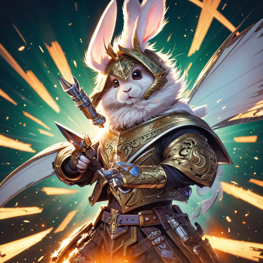 cute rabbit,1 rabbit,rabbit in armor,manga style,cute animal,highly detailed,detailed animal,detailed illustration,digital art,vibrant colors,warm lighting,dynamic composition,intricate details,masterpiece