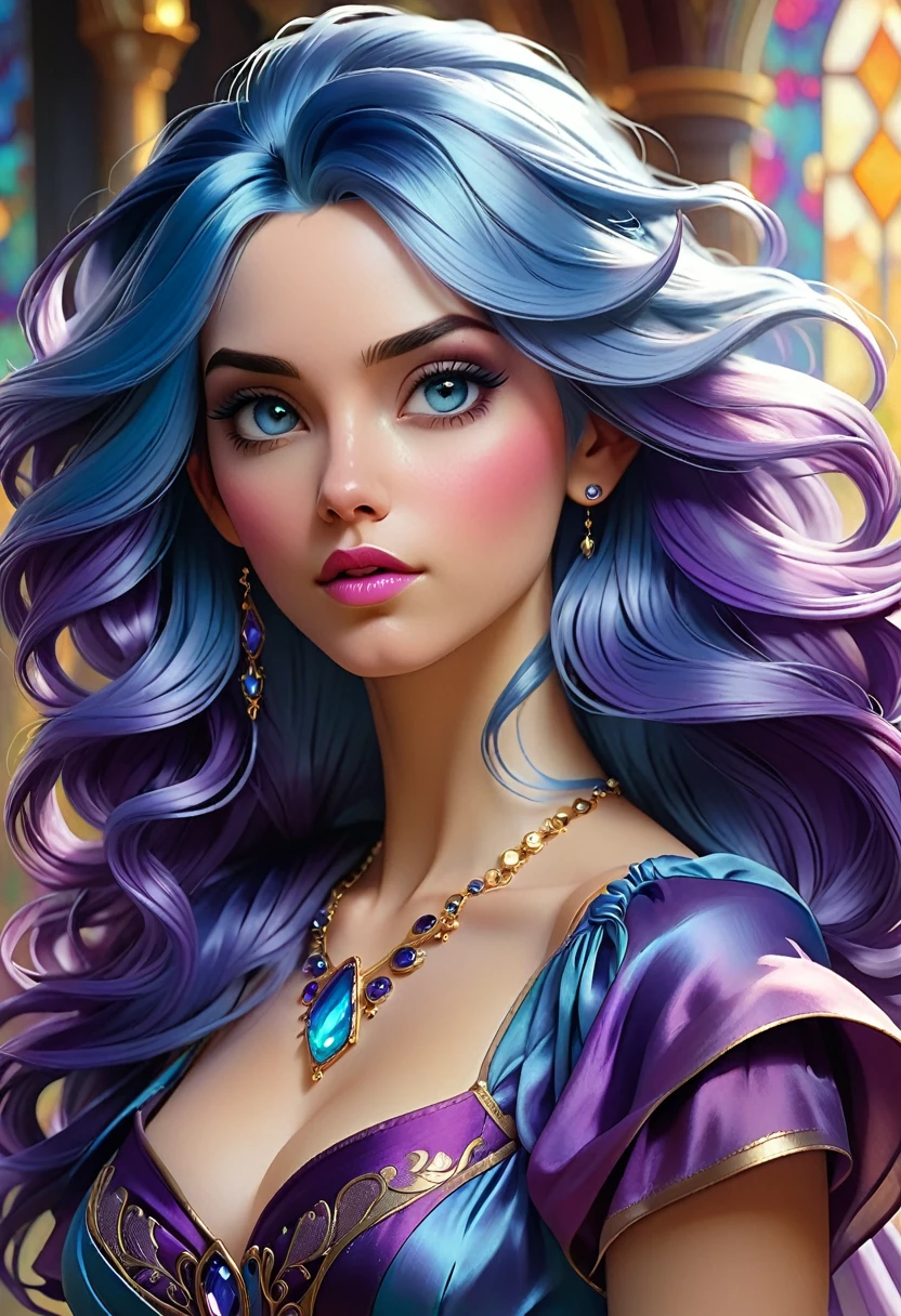 close-up of a woman with blue hair and a purple dress, digital art by Artgerm, ArtStation, Fantasy art, beautiful Fantasy art portrait, beautiful gorgeous digital art, glossy digital painting, Gorgeous digital painting, Rossdros Pastel Bright, beautiful fantasy portrait, beautiful Fantasy art, exquisite digital illustration, karol bak uhd, gorgeous digital art, beautiful drawing of the characters
