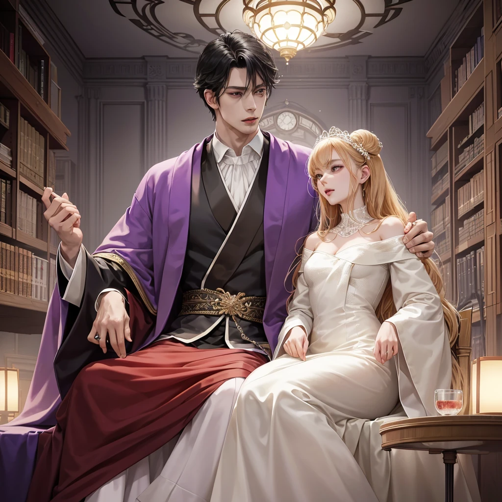 anime image of two people in a library with a table and chairs, two anime handsome men, anime key visual of elegant, ((wearing aristocrat robe)), dapper dream demon, my dress up darling anime, machiavellian puppetmaster, royal attire akira, inspired by Tomioka Tessai, ryuta ueda artwork, beautiful prince
