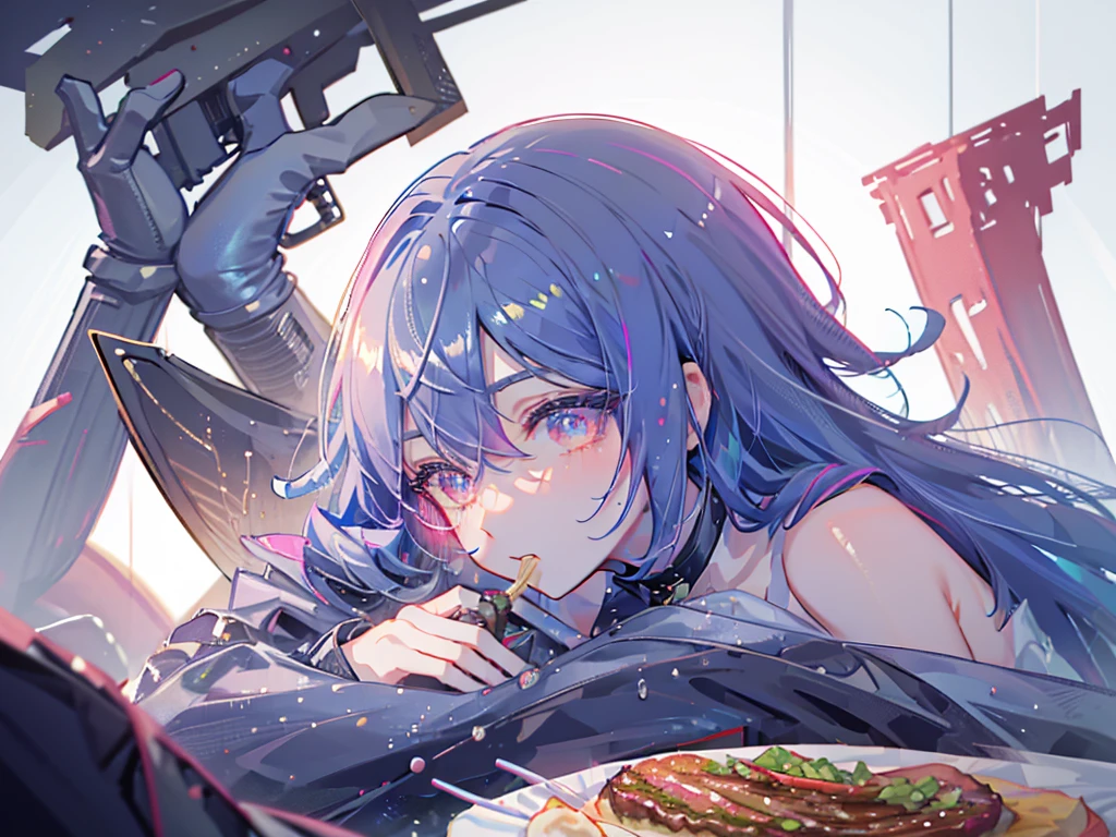 8k wallpaper,tmasterpiece,cinmatic lighting,top Quority,illustratio,Dramatic angles,((a color:1.1)),((Colored inner hair:1.4)),
1girll, solo, long blue hair, SakuraNS, Pink eyes, Cross necklace, parted lip, a white choker, liquid hair, Light blue hair, By bangs, By bangs, From the side Side, contours, The upper part of the body, blue hairs, simple backgound, pink back ground, exposed bare shoulders, sportrait, looking at viewert, white dresses, hairsbetweeneyes, colorfulhair, restaurant Background, Nebula, 耳Nipple Ring,jewely, majestic, eating hamburger, table of foods, crowded from behind