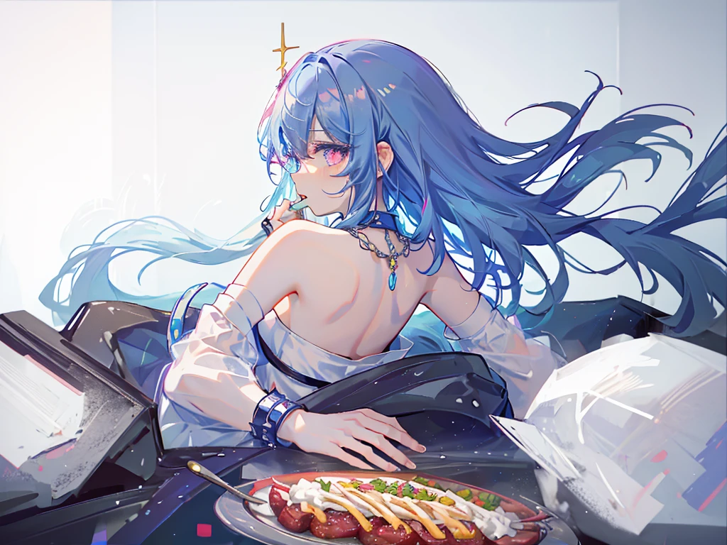 8k wallpaper，tmasterpiece，cinmatic lighting，top Quority，illustratio，Dramatic angles，（（a color：1.1）），（（Colored inner hair：1.4）），
1girll， solo， long blue hair， SakuraNS， Pink eyes， Cross necklace， parted lip， a white choker， liquid hair， Light blue hair， By bangs， By bangs， From the side Side， contours， The upper part of the body， blue hairs， simple backgound， pink back ground， exposed bare shoulders， sportrait， looking at viewert， white dresses， hairsbetweeneyes， colorfulhair， restaurant Background, Nebula, 耳Nipple Ring，jewely, majestic, eating hamburger, table of foods, crowded from behind