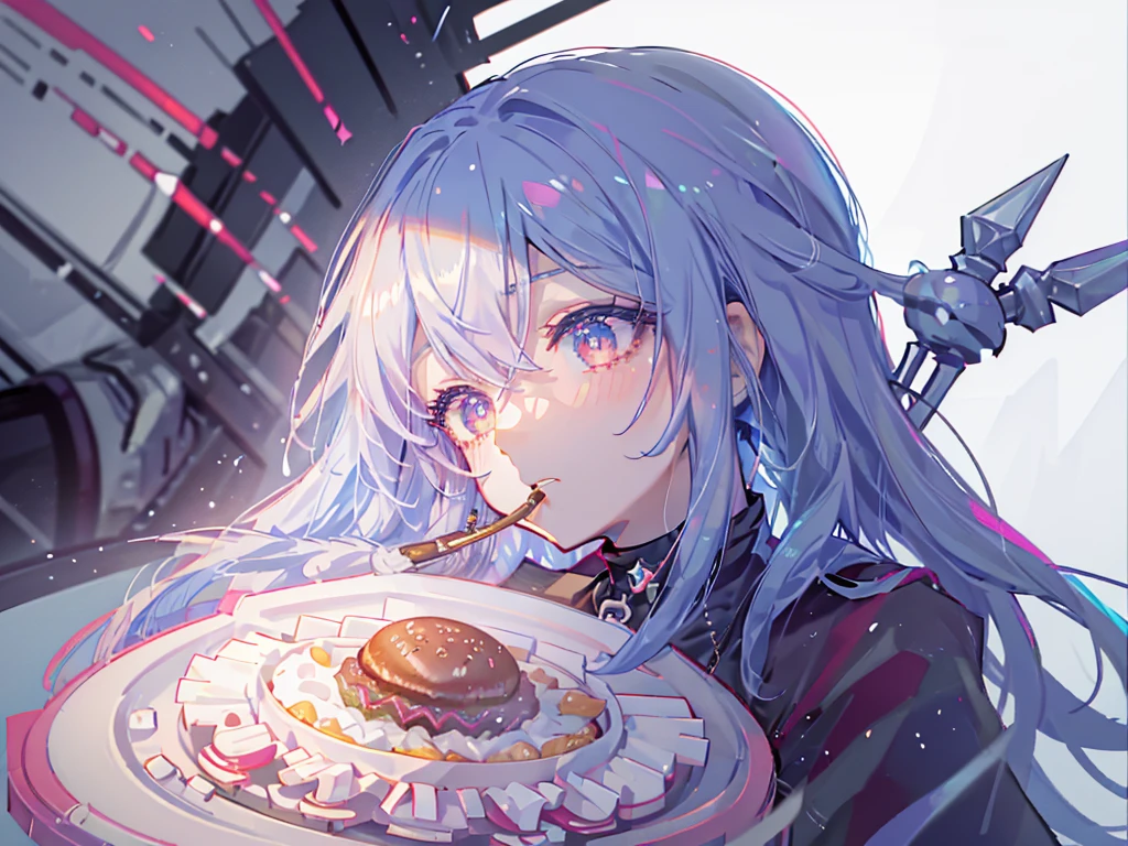 8k wallpaper,tmasterpiece,cinmatic lighting,top Quority,illustratio,Dramatic angles,((a color:1.1)),((Colored inner hair:1.4)),
1girll, solo, long blue hair, SakuraNS, Pink eyes, Cross necklace, parted lip, a white choker, liquid hair, Light blue hair, By bangs, By bangs, From the side Side, contours, The upper part of the body, blue hairs, simple backgound, pink back ground, exposed bare shoulders, sportrait, looking at viewert, white dresses, hairsbetweeneyes, colorfulhair, restaurant Background, Nebula, 耳Nipple Ring,jewely, majestic, eating hamburger, table of foods, crowded from behind