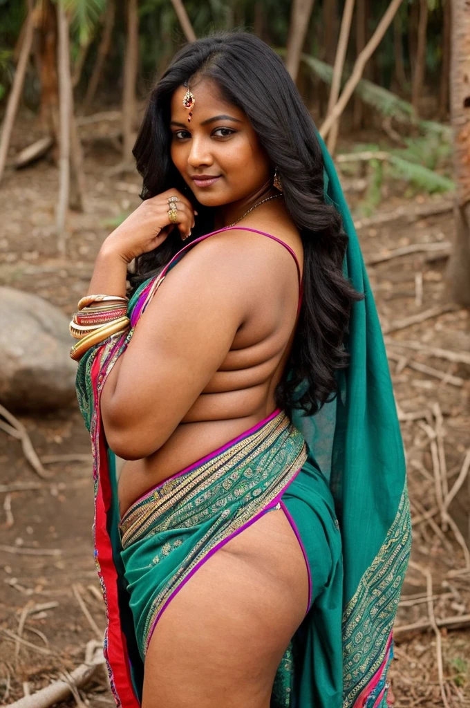 Create an image of a stunningly beautiful curvy Indian tribal woman, adorned in a vibrant and intricately designed saree, gracefully draped around her body without any blouse or . Her dark, luscious hair cascades down her back, framing her face perfectly. Her eyes, filled with warmth and wisdom, gaze into the distance, while her full lips curve into a gentle smile. Her curves are accentuated by the flowing fabric of the saree, which hugs her body in all the right places. She stands tall and proud, embodying the essence of femininity and sensuality, as she connects with the earth beneath her feet. The image captures the essence of the tribal woman to nature and her culture, while also highlighting her inner beauty and strength.