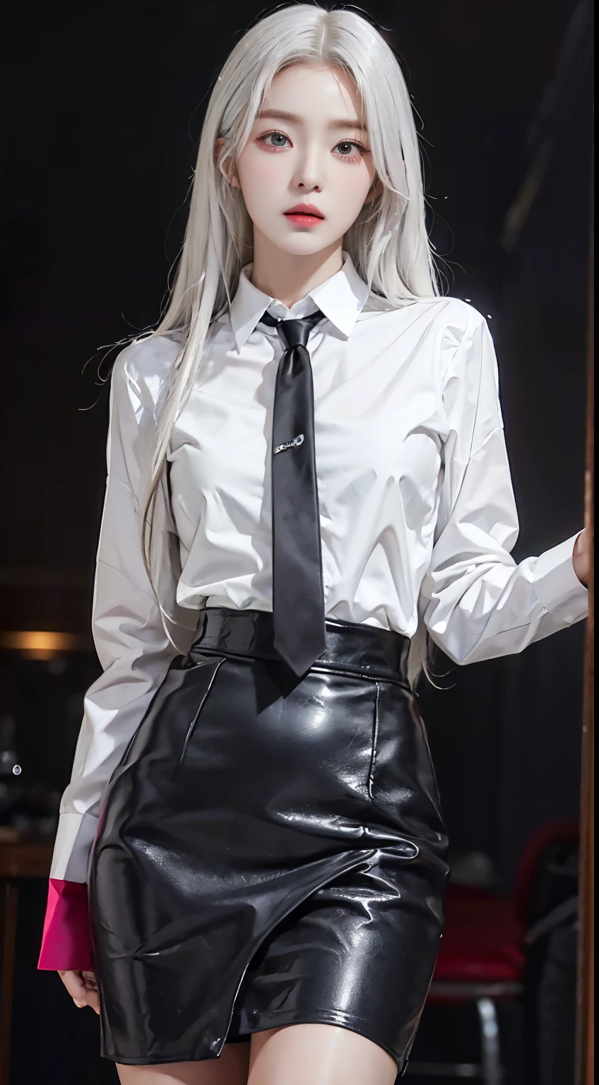 Photorealistic, high resolution, 1 woman, Hips up, Beautiful eyes, White hair, Long hair, ringed eyes, Collared shirt, black necktie,Black skirt, pencil skirts