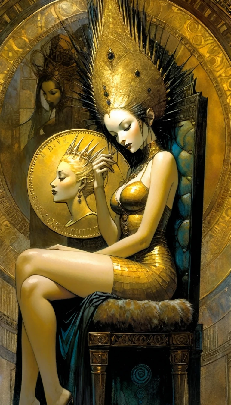 queen on her very  throne, engrossed looking down at a large gold coin she is holding in her lap (art inspired by Dave Mckean, intricate details, oil painting)
