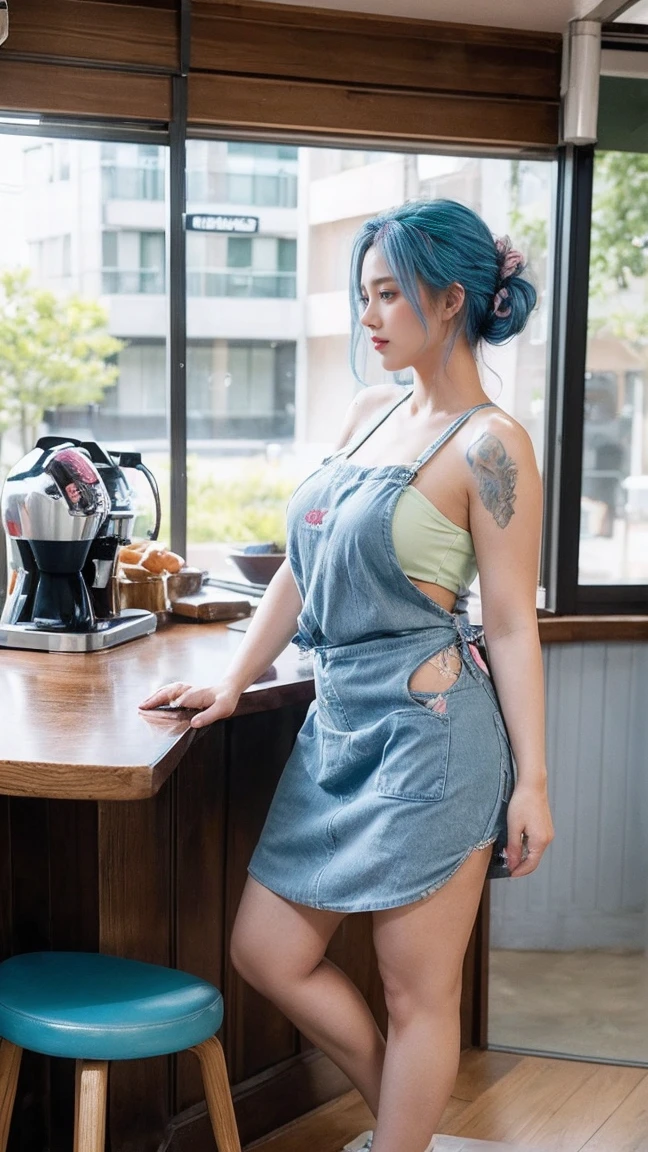 Cool beauty,Looks sweet,(updo, blue and pink hair), only wearing dark green starbucks apron, off-shoulders, show clavage, show big thigh, plump body, huge breast, full body photo, standing pose. Side view. In coffee shop.