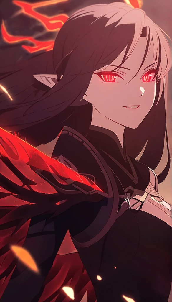 1woman, elven ears, darkness god, fire black hair, straight hairstyle, glowing red eyes, black roses field, fire wings, cruel angel, elegant thai warrior,