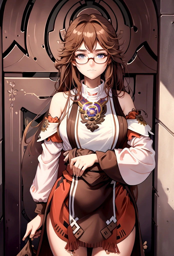Mia Baker, a 16-year-old girl with long brown hair and glasses, holding her books close to her chest. She stands near the gate, shyly looking around as the other students pass by.