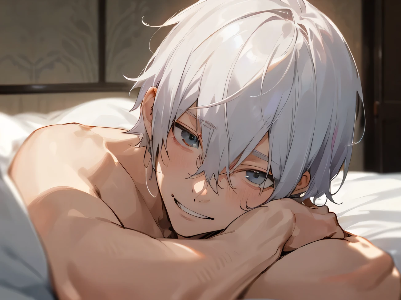 aldult.,male,good looking,(30th Generation),adult,Cool vibe,I,Silver-haired,mash,Upper Body,naked,Close up of,Excited,Wicked Smile,Droopy eyes,Yandere atmosphere,Light,Hotel room bed,Depth of written boundary,