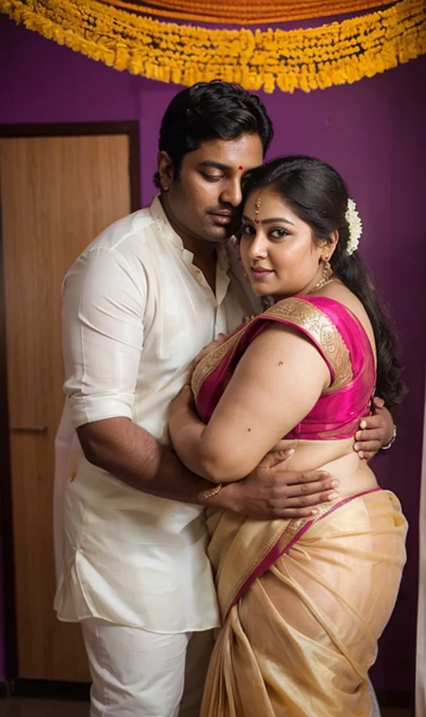 A radiant, full-figured South Indian 45 year old bride ( surrounded by a group of men)wearing a  off white colour silky saree standing in a living room, , captured in a full-body image with vibrant hues and meticulous details. Full body image