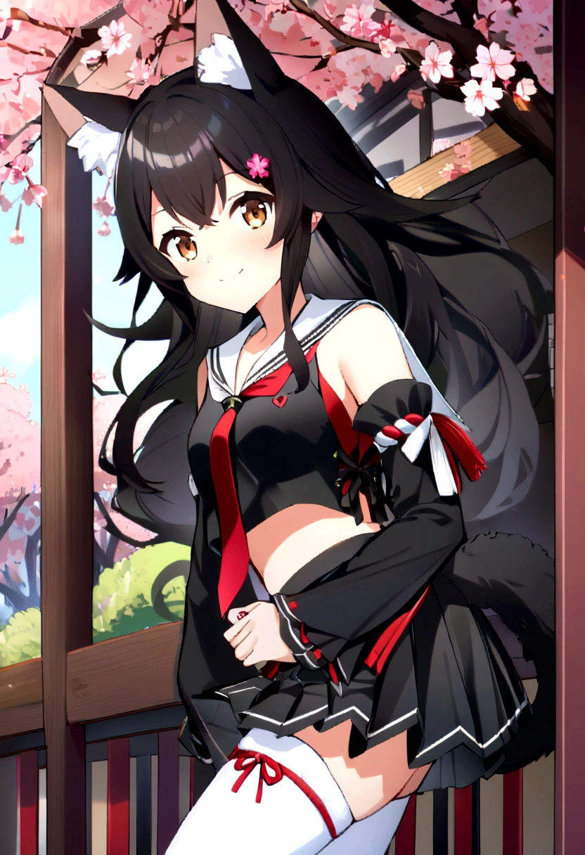 score_9, score_6_up, source_anime, 1girl, solo, cherry blossom, mio_base, long hair, hair ornament, sailor collar, red necktie, black shirt, black skirt, detached sleeves, midriff, kouhaku nawa, white thighhighs, tail wrap, tail around leg, light smile 