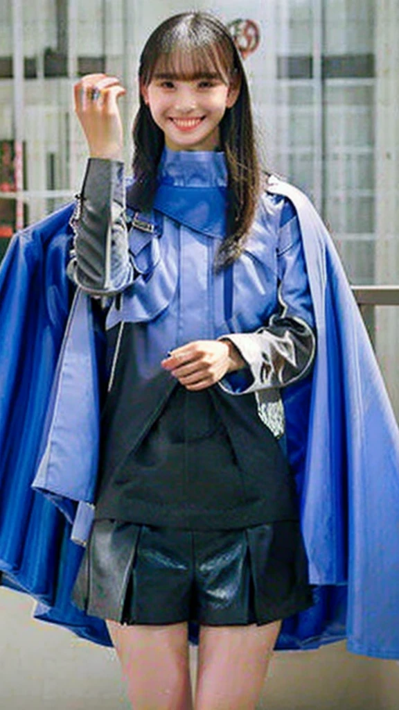 (extremely detailed CG), (best quality), perfect face, shiny skin, lustrous skin, solo narrow waist, wide hips rinniekudo, long hair, bangs, black hair, long sleeves, jewelry, jacket, black skirt, cape, ring, shorts, black shorts, blunt bangs, boots,indoors, smile,black eyes,