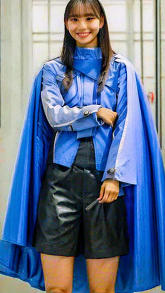 (extremely detailed CG), (best quality), perfect face, shiny skin, lustrous skin, solo narrow waist, wide hips rinniekudo, long hair, bangs, black hair, long sleeves, jewelry, jacket, black skirt, cape, ring, shorts, black shorts, blunt bangs, boots,indoors, smile,black eyes,