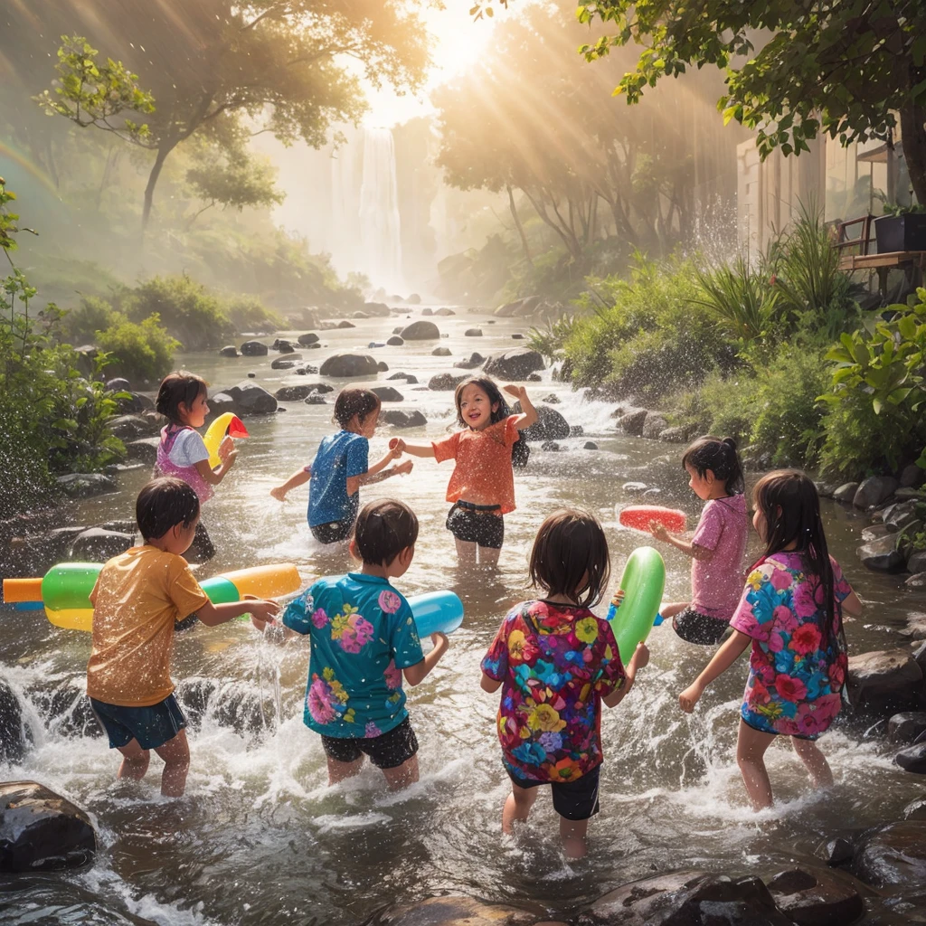 A bright rainbow appears in the sky after the rain, with vibrant colors arching across a blue sky. A young girl named Sarah, with wide eyes full of wonder, looks up at the rainbow in amazement. are playing in a stream with inflatable toys, stream of love and happiness, ๆ กำลังเล่น, playing with water, Playing in the waterfall, , By Rudy Sisvanto, Summer Morning, summer afternoon, beautiful artwork, Unsplash Contest Winning Photos, Award-winning shots, Prize - Winning Shot, Award-winning image of rain, beautiful, Across the river, Summer Morning light