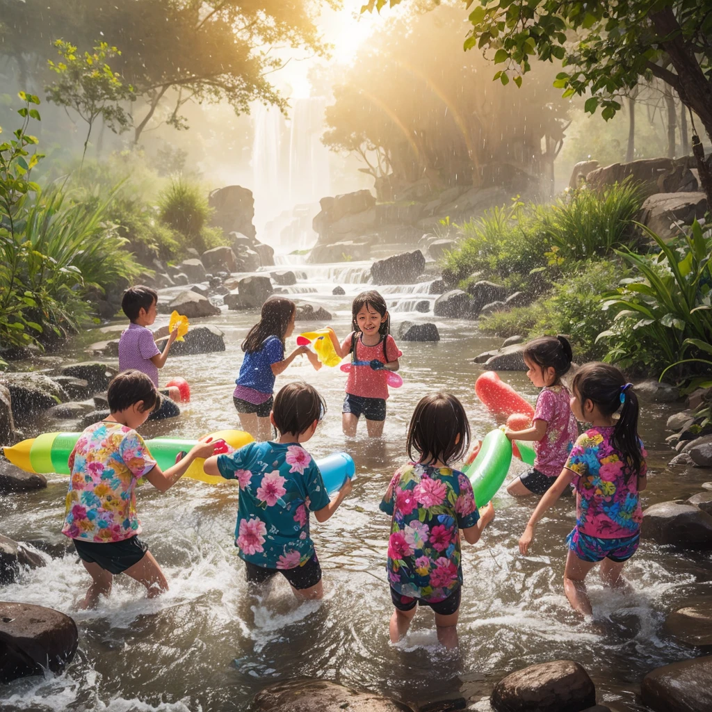 A bright rainbow appears in the sky after the rain, with vibrant colors arching across a blue sky. A young girl named Sarah, with wide eyes full of wonder, looks up at the rainbow in amazement. are playing in a stream with inflatable toys, stream of love and happiness, ๆ กำลังเล่น, playing with water, Playing in the waterfall, , By Rudy Sisvanto, Summer Morning, summer afternoon, beautiful artwork, Unsplash Contest Winning Photos, Award-winning shots, Prize - Winning Shot, Award-winning image of rain, beautiful, Across the river, Summer Morning light