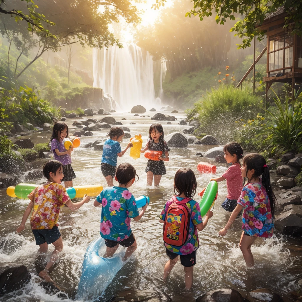 A bright rainbow appears in the sky after the rain, with vibrant colors arching across a blue sky. A young girl named Sarah, with wide eyes full of wonder, looks up at the rainbow in amazement. are playing in a stream with inflatable toys, stream of love and happiness,  ๆ กำลังเล่น, playing with water, Playing in the waterfall, , By Rudy Sisvanto, Summer Morning, summer afternoon, beautiful artwork, Unsplash Contest Winning Photos, Award-winning shots, Prize - Winning Shot, Award-winning image of rain, beautiful, Across the river, Summer Morning light