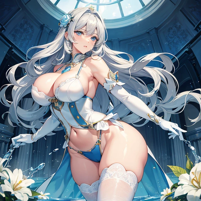 (masterpiece image, very detailed image, best high quality high definition image), solo character
1woman 40 years old beautiful swedish woman milf, fair skin, light blue eyes, wavy yellow gold hair, absolute beauty, aristocrat, wealthy powerful woman, serious face, big breasts, voluptuous figure, huge butt (headbang bith two flue flowers, silver necklace, white gloves, blue underwear,)
Relaxed and calm demeanor, defecating over the toilet