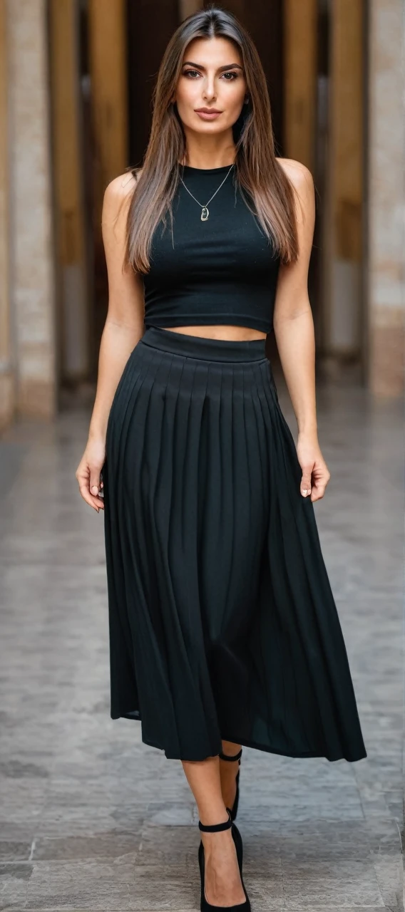 A photo of beautiful italian woman with light makeup with long straight brown hair wearing a black skirt