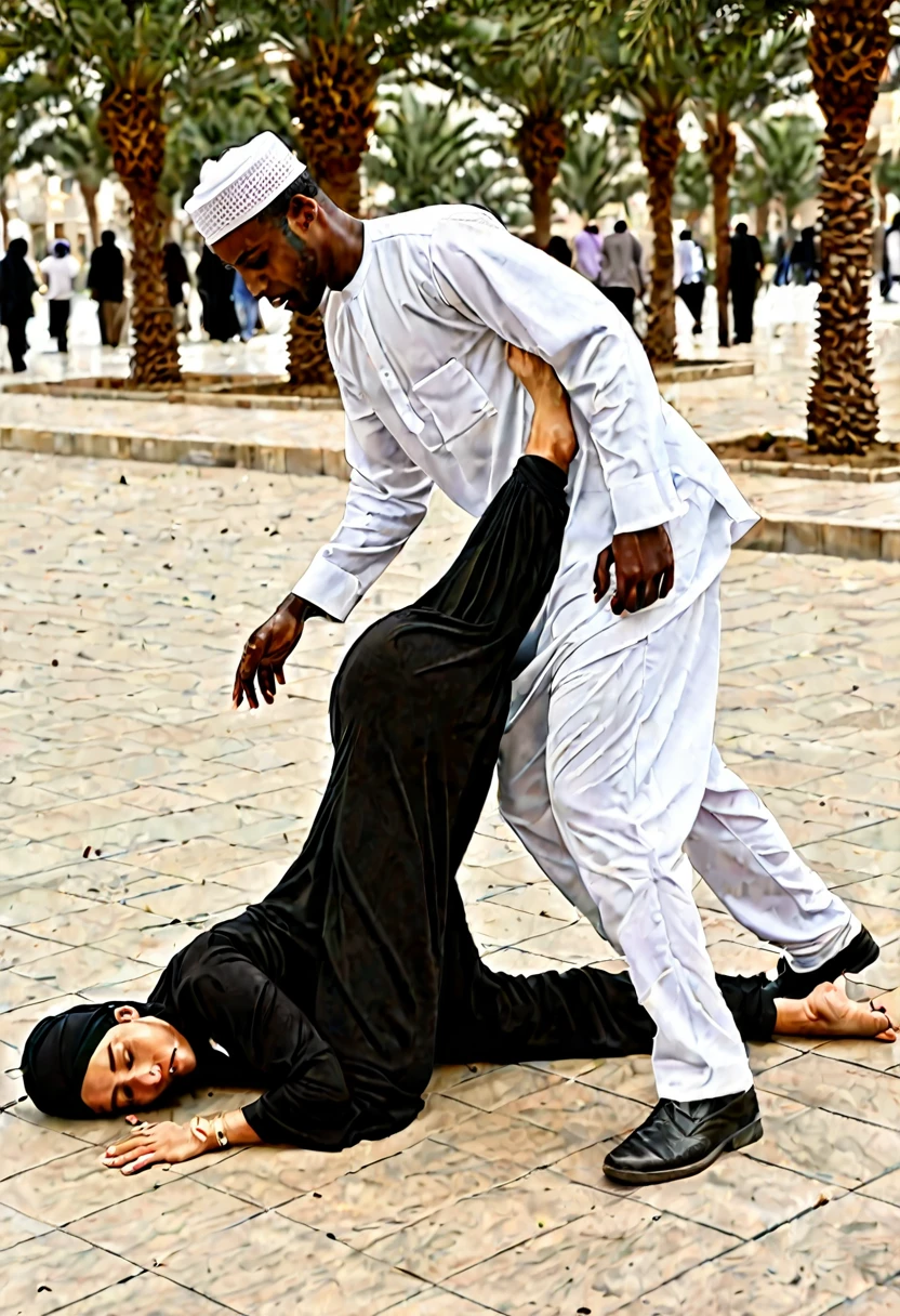 A black man pressing Muslim woman at ground full body