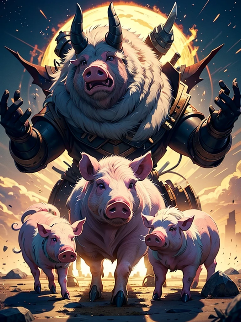 I want you to draw the god of all pigs in the pig world, he is a great animal, pig, boar, demon, robot.. Ready for a terrible battle. I don't want human faces or people, just demonic pigs with fangs., the pig titan, the biggest of pigs, is fighting fiercely to conquer the world, the pig titan un gran cerdo the biggest of pigs es es el Dios de todos los cerdos y tiene colmillos y es grande y es muy agresivo y terrorífico, and it is imposing, impressive and super powerful and gives the space to put letters. a demonic pig God with big demon pigs and there are three big pigs Titans gods of all pigs and all heavy metal. I don't want people, just animals..