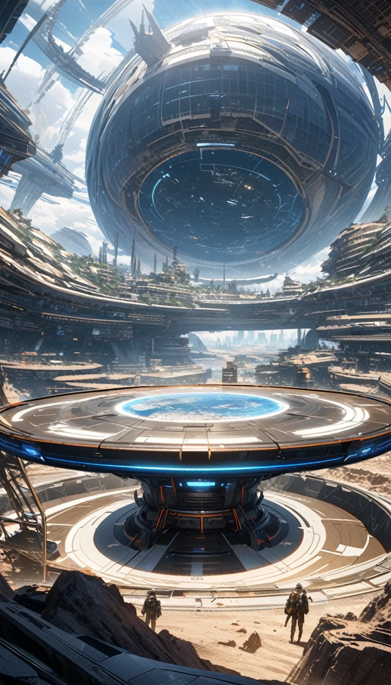 anime aestetics, science fictional landscape, bright day, space station on deserted planet, a futuristic building, a lot of creates around, two suns, double glares, hologram table, dust in the air, sandstorm far at the background, wide shot, atmospheric perspective, perspective, 4K, 8k, highres, best quality, award winning, super detail, accurate, masterpiece, UHD