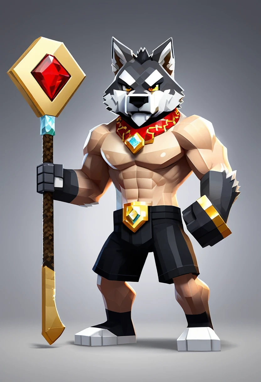 A muscular Minecraft wolf with a red pet collar with a gold plate and a wolf paw symbol, wearing black boxer shorts, holding a diamond pickaxe, sweating, cartoon, Steven St, fighting