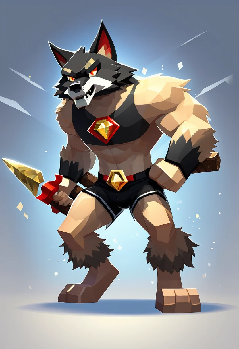 A muscular Minecraft wolf with a red pet collar with a gold plate and a wolf paw symbol, wearing black boxer shorts, holding a diamond pickaxe, sweating, cartoon, Steven St, fighting