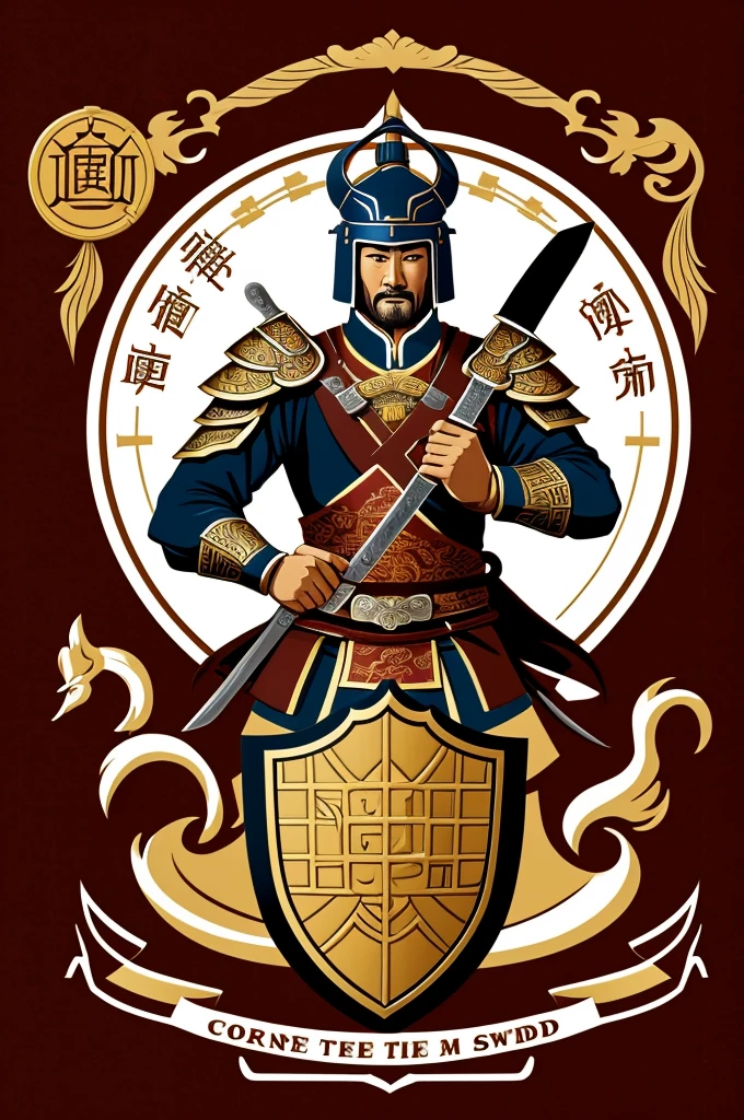 Logo on a cup of coffee, Chinese warrior balancing a sword with one hand, and in his second hand he has a shield with a coat of arms in the form of scales Graphics, Logo, 3 colors