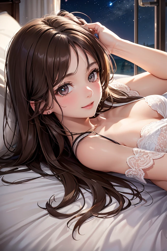 (Best Quality,High resolution,8K,finelity detailed background,Masterpiece:1.2),beautiful girl,Shiny brown hair,messy hair,Brown eyes,Gentle look,A refreshing look,Best quality,Best Quality,Aesthetic and aesthetic:1.2,Best details((Super detailed))(High-definition CG illustrations),cute下着 (white,intricate lace),Slender body,Late Night,Moonlit Night,Bedroom,On the bed,smile,blush,cute,Scrounge,Looking up,Being spoiled,super model,on back,shoot from above