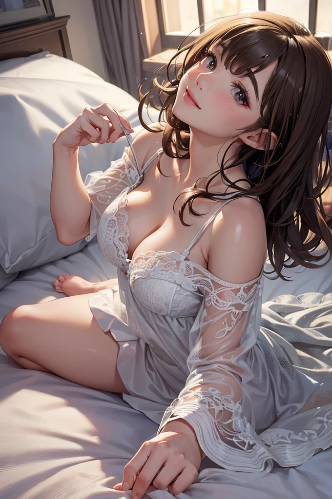 (Best Quality,High resolution,8K,finelity detailed background,Masterpiece:1.2),beautiful girl,Shiny brown hair,messy hair,Brown eyes,Gentle look,A refreshing look,Best quality,Best Quality,Aesthetic and aesthetic:1.2,Best details((Super detailed))(High-definition CG illustrations),cute下着 (white,intricate lace),Slender body,Late Night,Moonlit Night,Bedroom,On the bed,smile,blush,cute,Scrounge,Looking up,Being spoiled,super model,on back,shoot from above