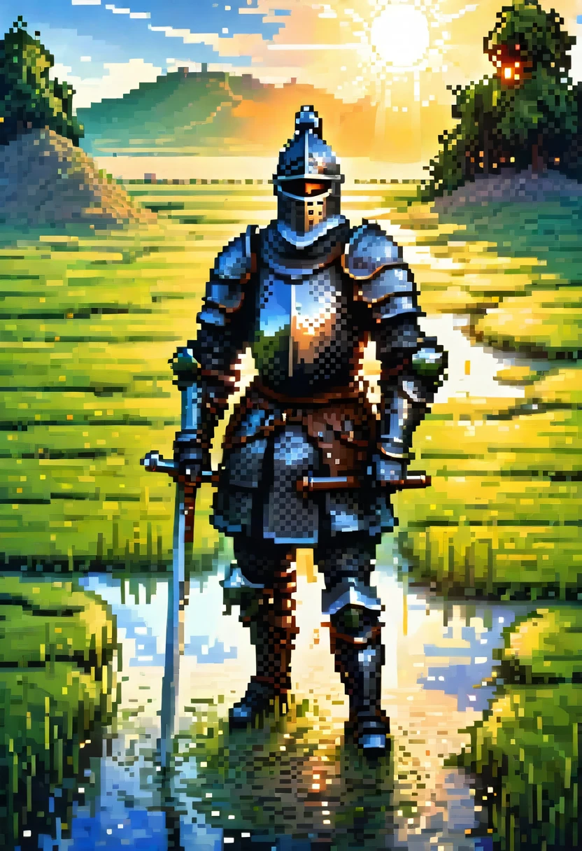 Fish-eye lens, portrait photo of a medieval knight in black armor in a green field, puddles, blue sky, sunset, sunshine on armor, pixel art