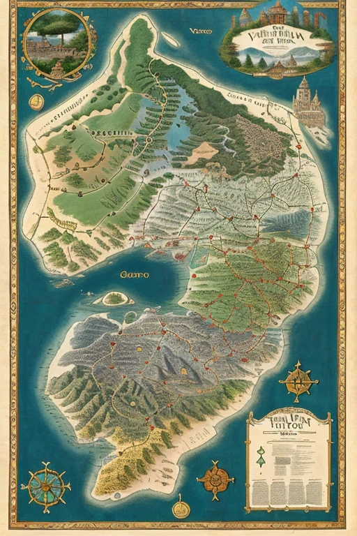 old map, fantasy style, seven cities with huts, a forest, two seas, a huge central city with castles, mountains , paths trees, distance between cities, each city separated by a river or forest, let ancient cities draw attention, vikings style