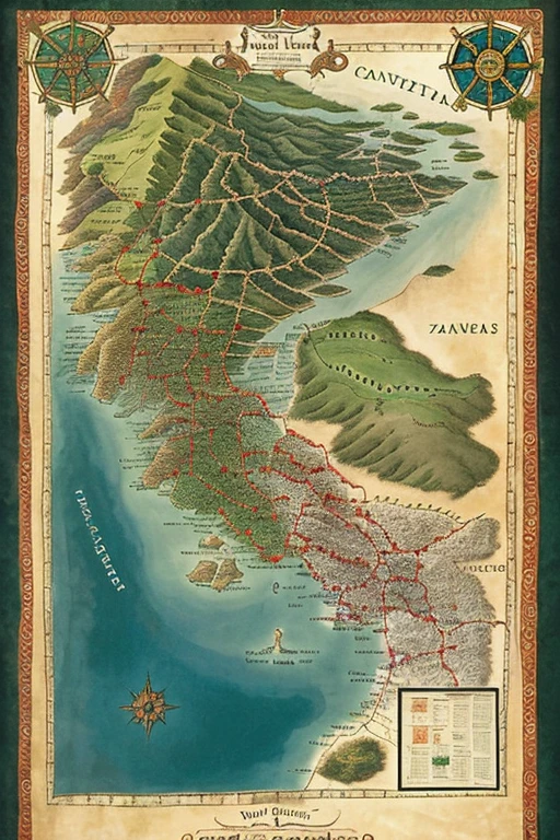 old map, fantasy style, seven cities with huts, a forest, two seas, a huge central city with castles, mountains , paths trees, distance between cities, each city separated by a river or forest, let ancient cities draw attention, vikings style 